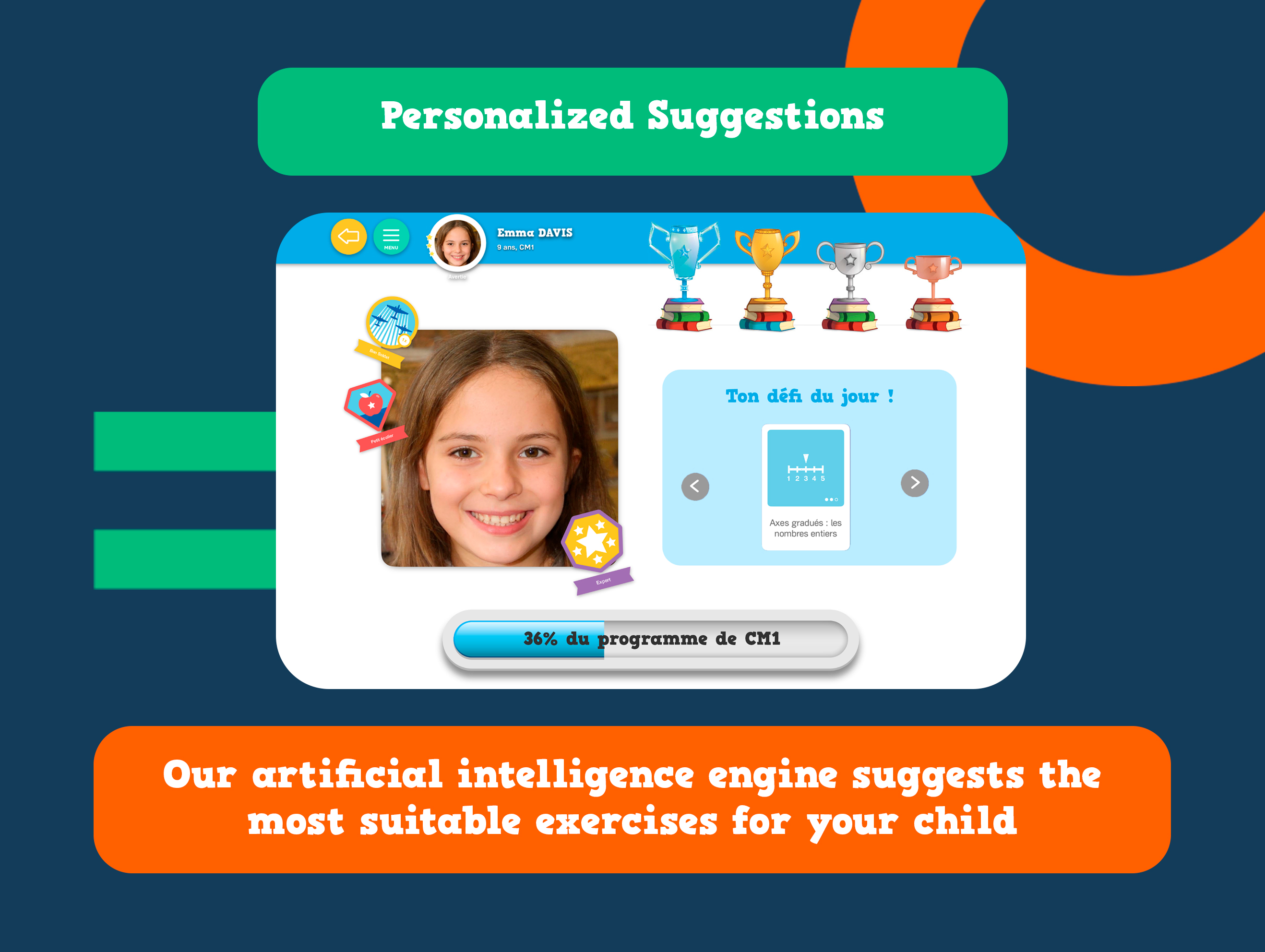 Visual from the myBlee Math app showing a student profile with trophies and badges earned, as well as progress in the 4th grade program and a suggested exercise, accompanied by the texts 'Personalized suggestions' and 'Our artificial intelligence engine proposes the most suitable exercises for your child'.