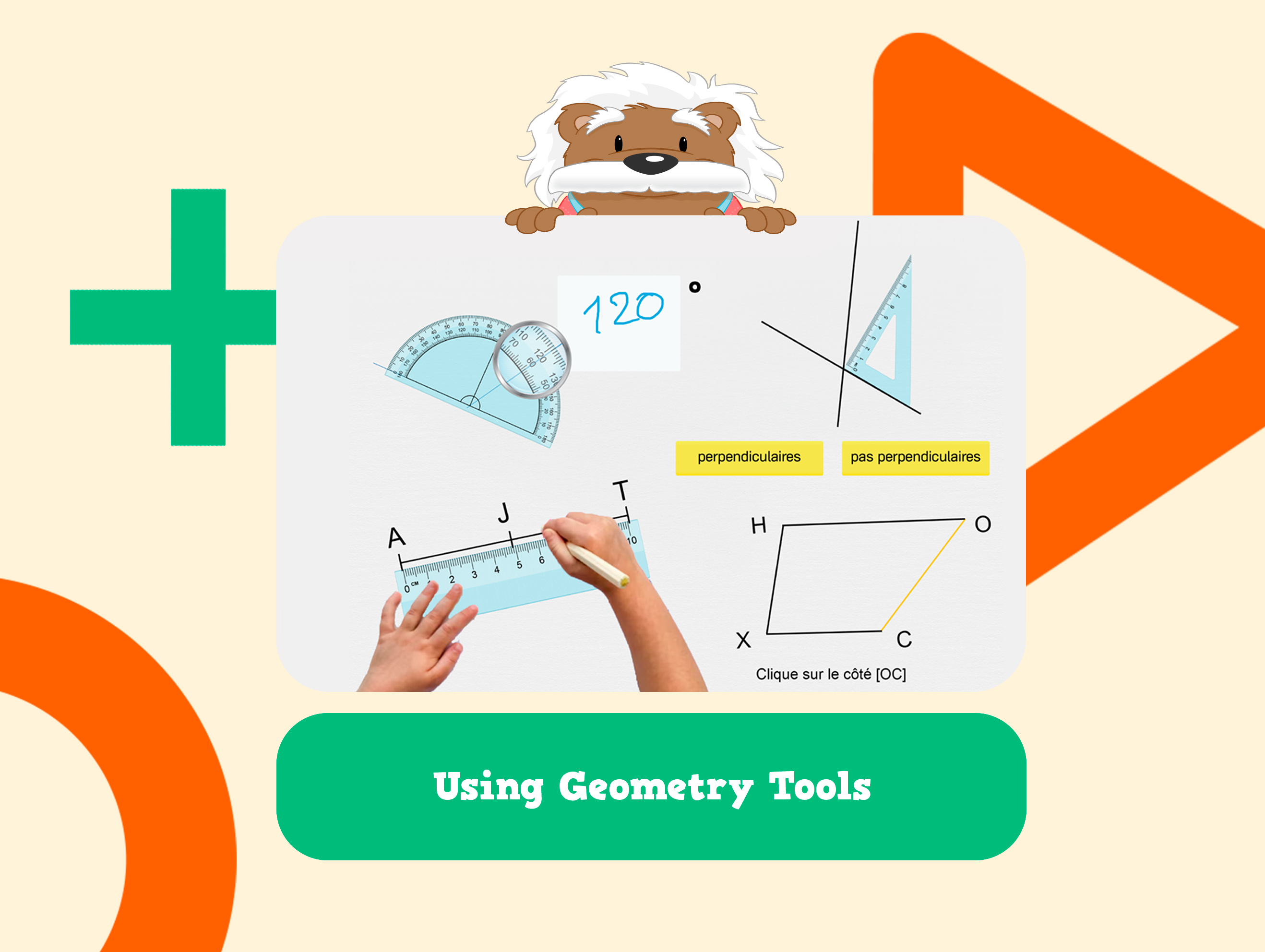 Set of visuals from the myBlee Math app on the theme of geometry, showing a set square, a protractor, a ruler, and a figure with one side highlighted. All accompanied by the text 'Use geometry tools'.