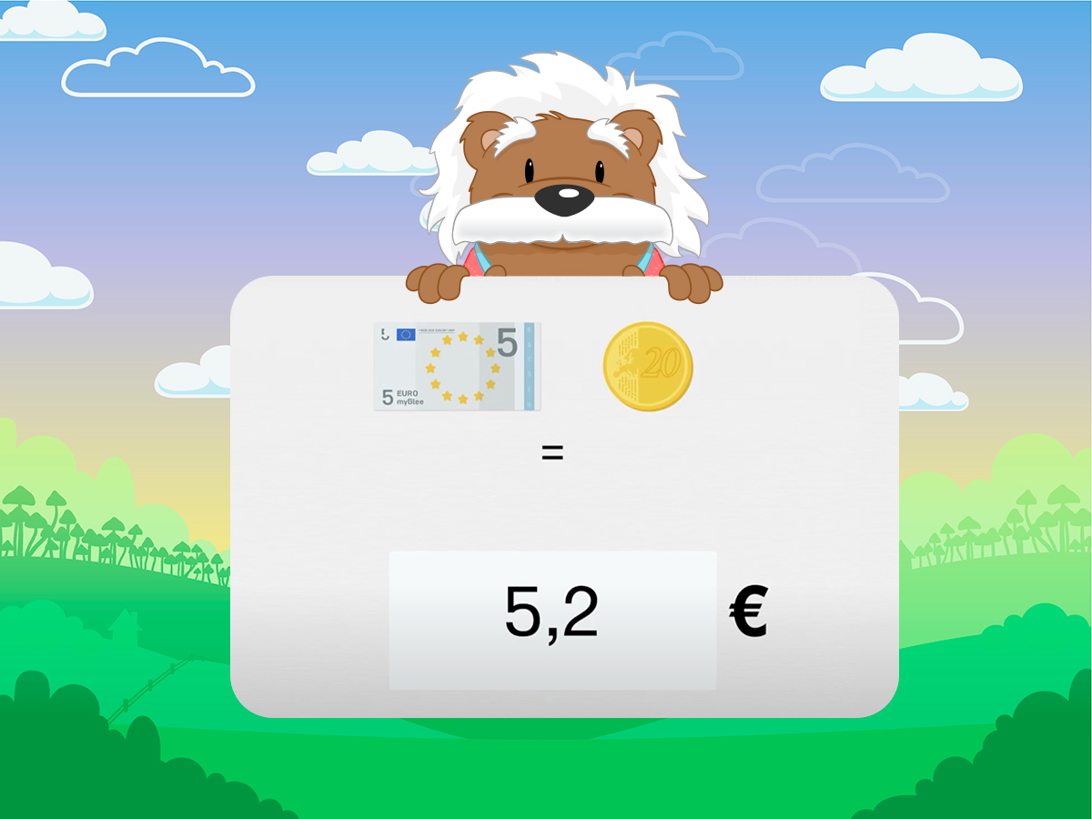 Capture d'écran de l'application myBlee Math dans un exercice sur les nombres décimaux. Il montre comment compter l'argent en additionnant un billet de 5€ et une pièce de 20 centimes pour obtenir 5,20€.