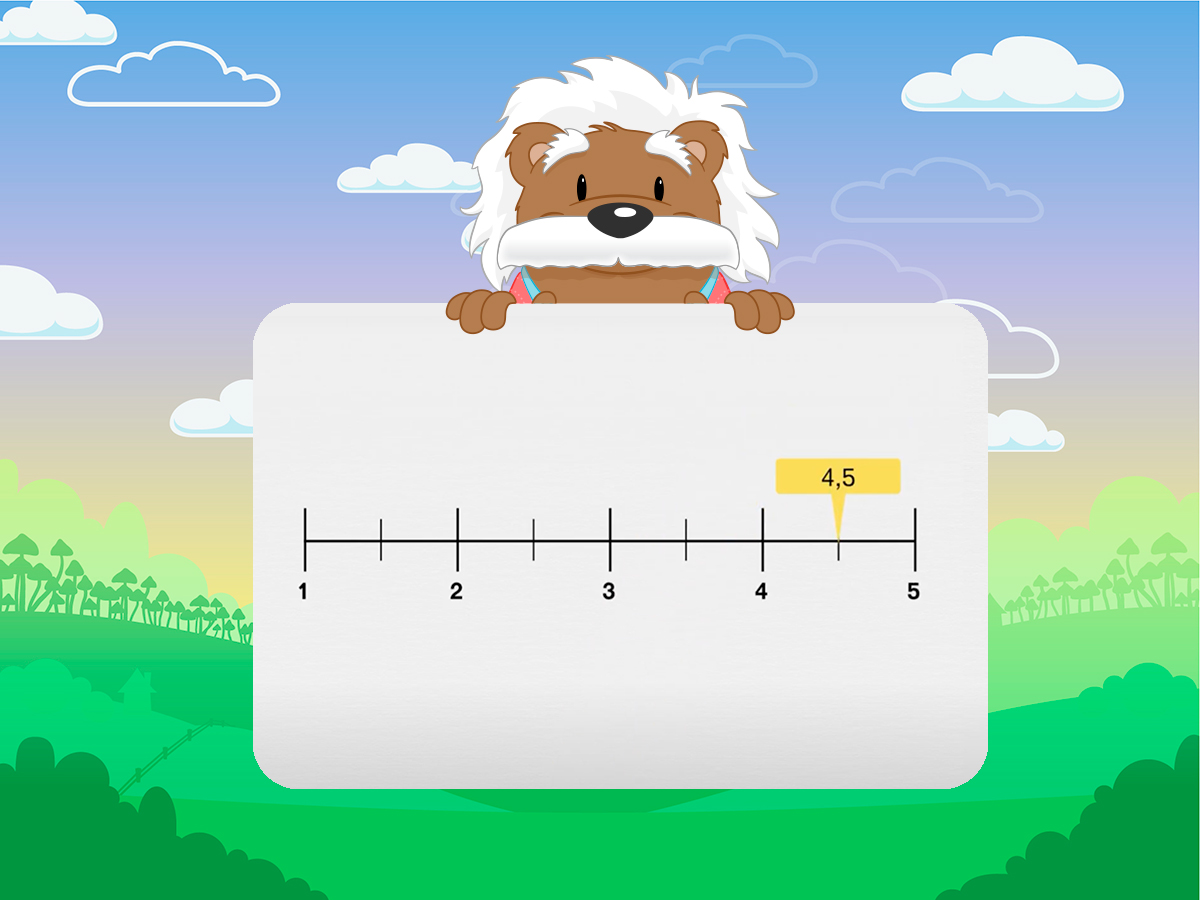 Capture d'écran de l'application myBlee Math dans un exercice sur les nombres décimaux. Il montre un axe gradué allant de 1 à 5, avec une graduation au milieu de chaque unité et une étiquette avec écrit 4,5 au dessus de la graduation correspondante.