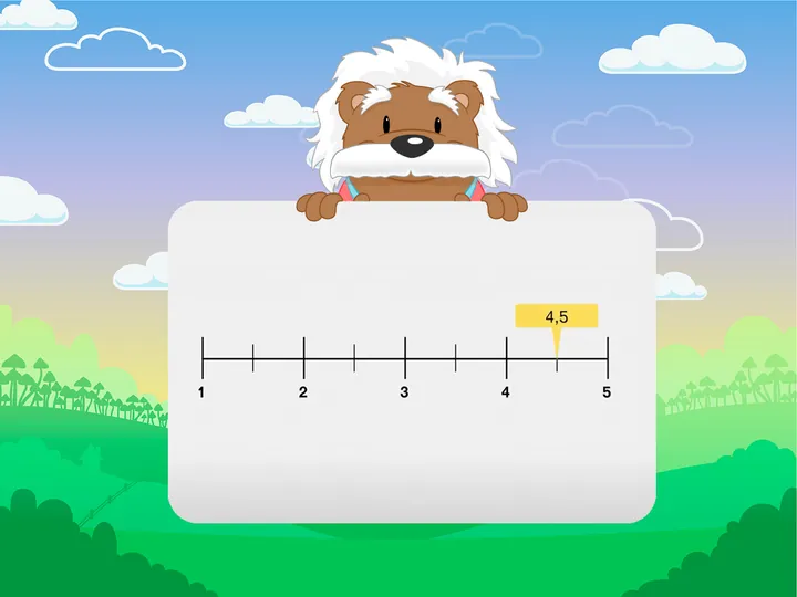 Capture d'écran de l'application myBlee Math dans un exercice sur les nombres décimaux. Il montre un axe gradué allant de 1 à 5, avec une graduation au milieu de chaque unité et une étiquette avec écrit 4,5 au dessus de la graduation correspondante.