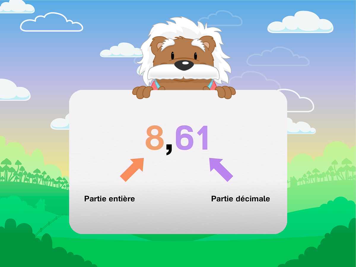Capture d'écran de l'application myBlee Math d'une leçon sur les nombres décimaux. Elle montre un nombre décimal en indiquant la partie décimale et la partie entière.