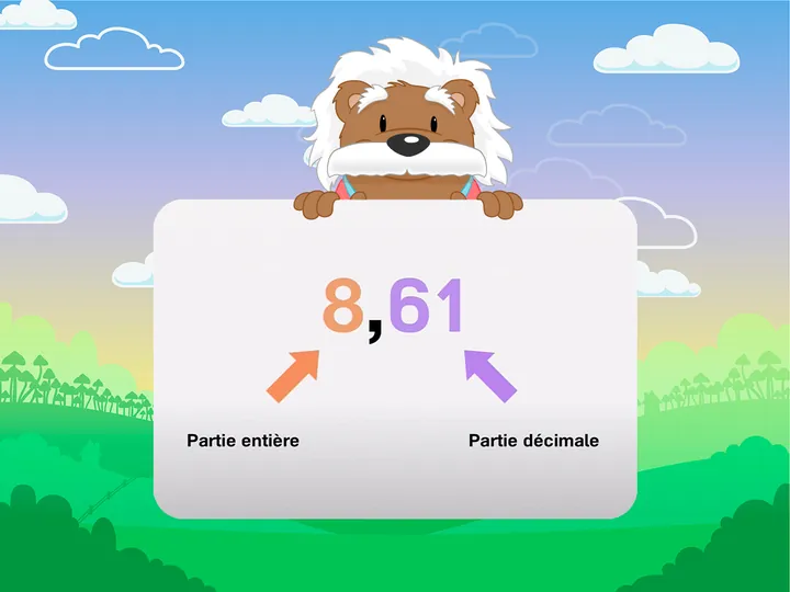 Capture d'écran de l'application myBlee Math d'une leçon sur les nombres décimaux. Elle montre un nombre décimal en indiquant la partie décimale et la partie entière.