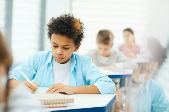 Photo d'un élève du primaire travaillant en classe.