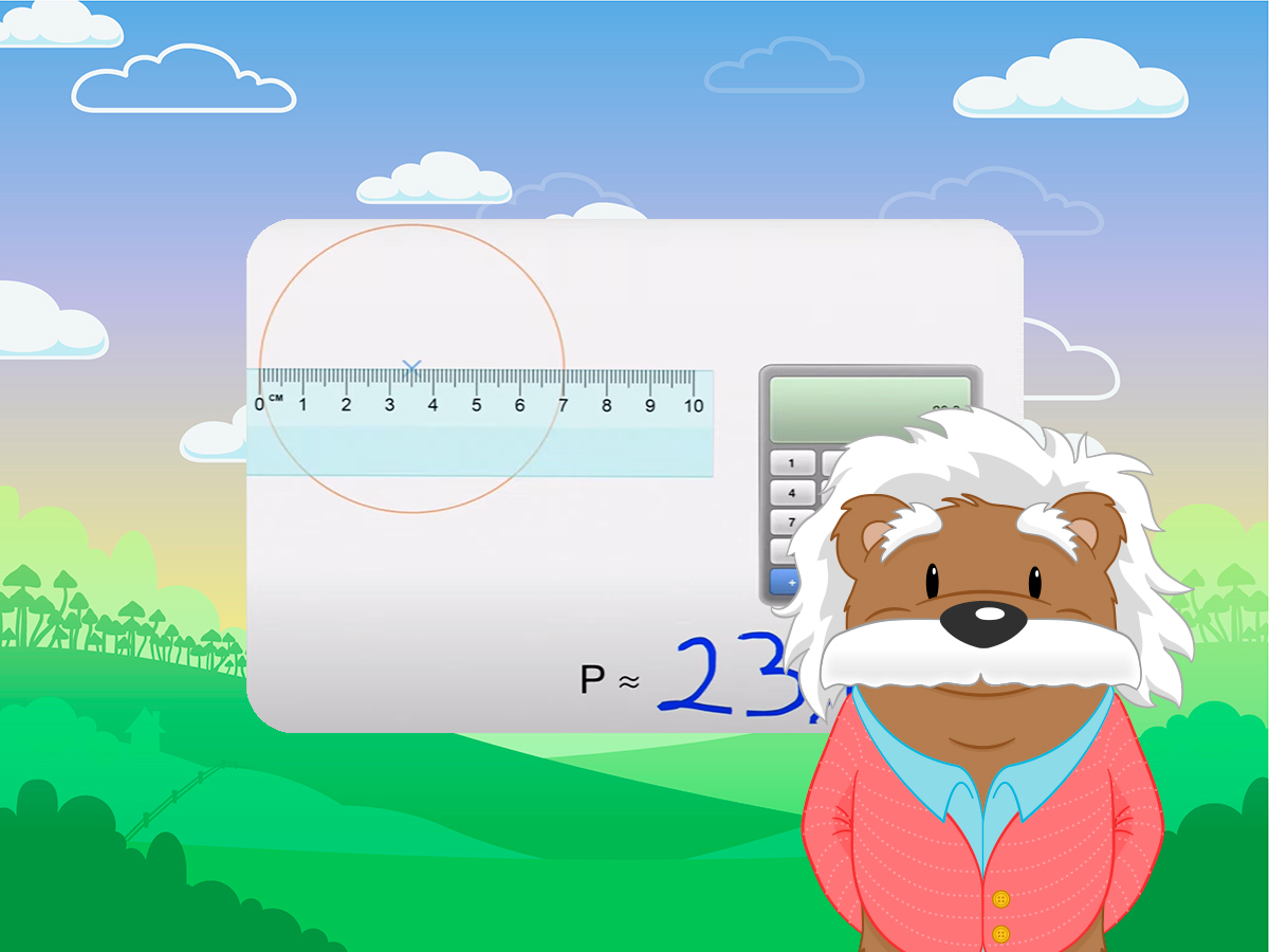 Capture d'écran de l'application myBlee Math d'un exercice sur les nombres décimaux. Il montre une règle placé pour trouver le rayon d'un cercle ainsi qu'une calculatrice et le périmètre trouvé.